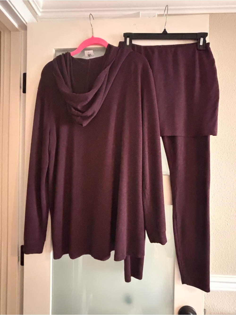 CAbi Women's Hooded Knit Top and M’leggings Skirted Set in Plum S